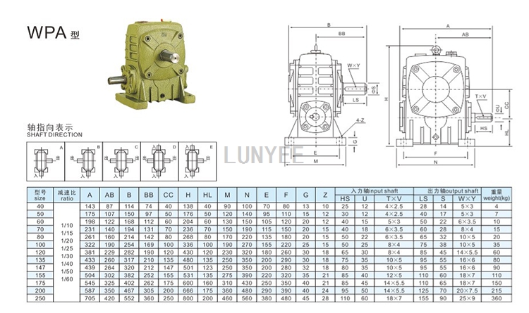 Single reduction 1-60 ratio wpa wps wpx wpo series Cast Iron worm gear box wp series steel shaft brass worm gear